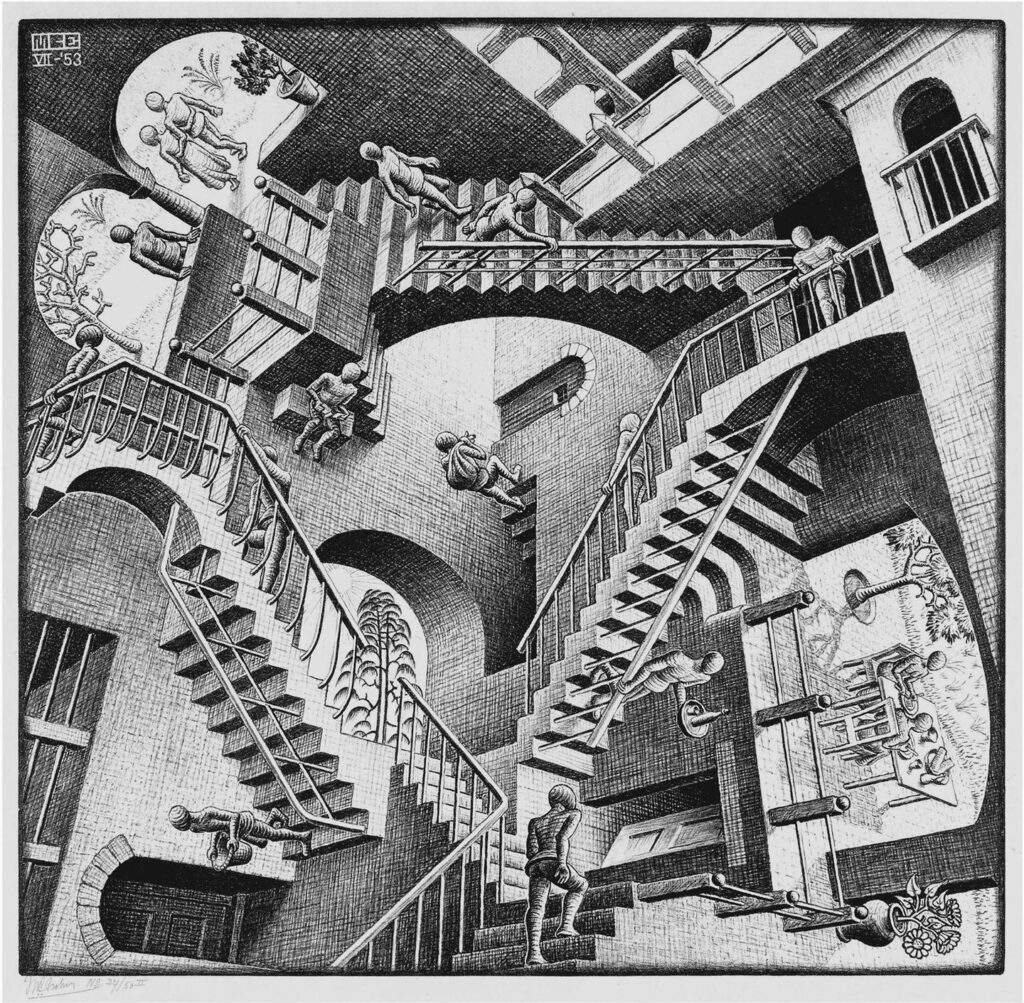 5 راز هنری پنهان در سریال squid game - رنگانا - نقاشی Crazy Staircases اثر Escher
